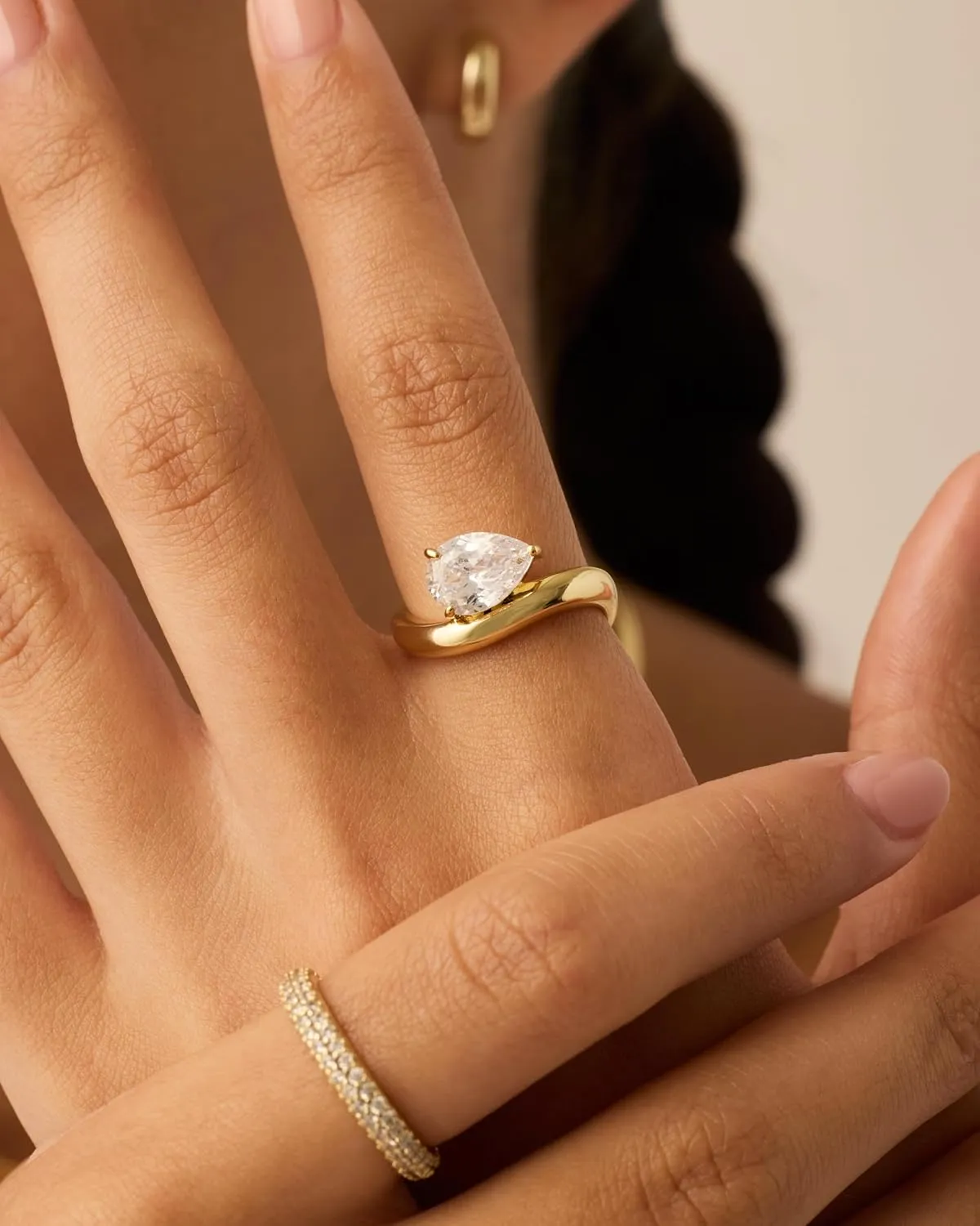 PAVOI 14K Gold Plated Premium Cubic Zirconia Square Solitaire Engagement Ring for Women - Unique Wavy Promise and Fake Wedding Ring