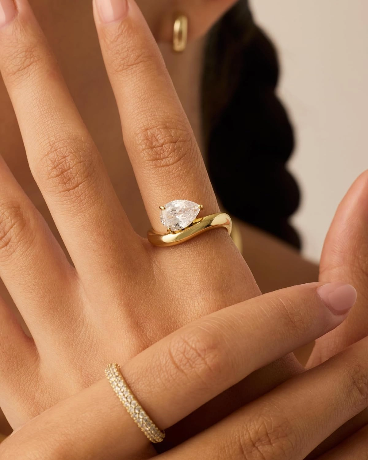 PAVOI 14K Gold Plated Premium Cubic Zirconia Square Solitaire Engagement Ring for Women - Unique Wavy Promise and Fake Wedding Ring