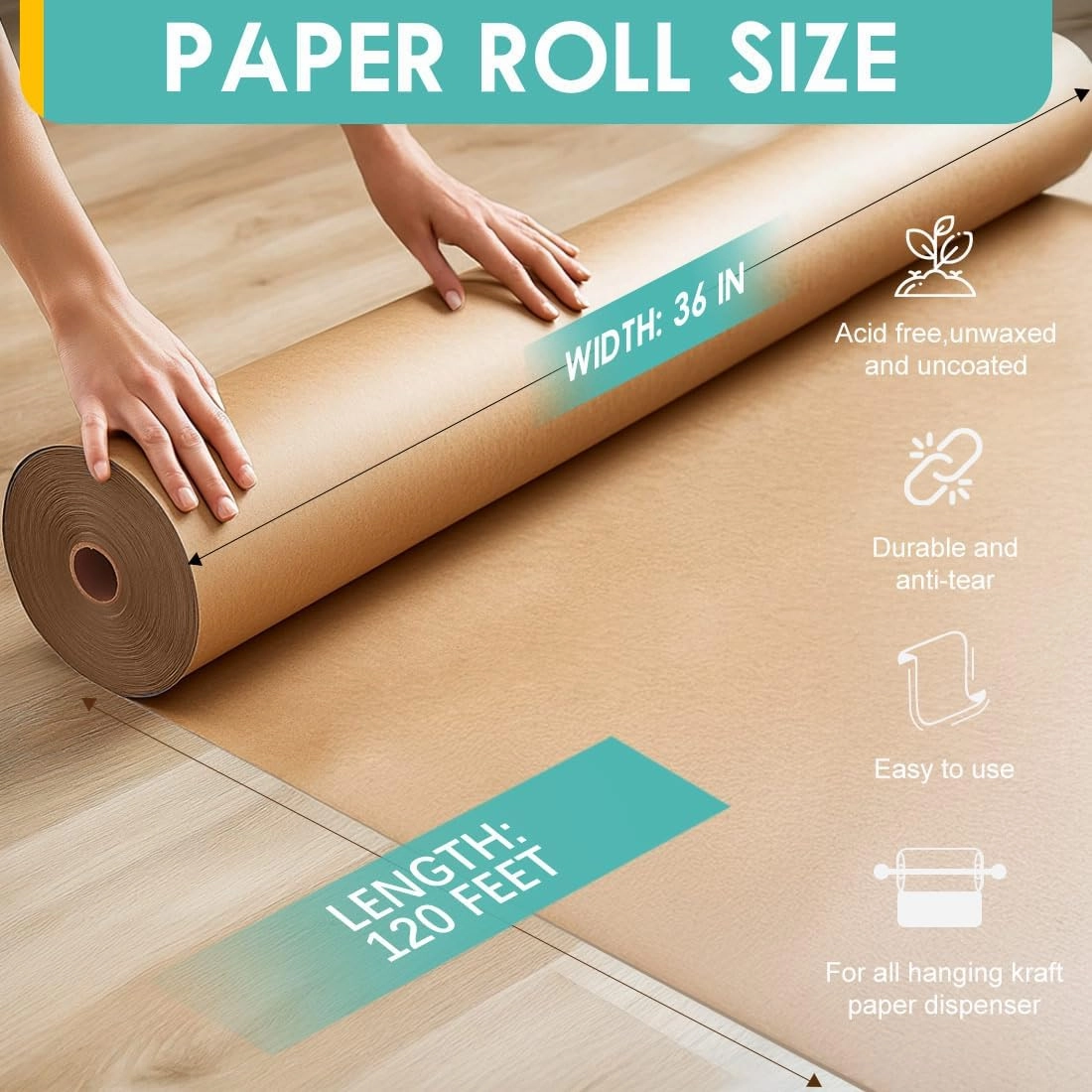 PerkHomy 36" x 1,440" (120') Brown Kraft Paper Roll for Craft Bulletin Board Paper Kids Art Table Covering Crafting Gift Wrapping Bouquet Packing Parcel 70GSM 50LB (Brown, 36" x 120')