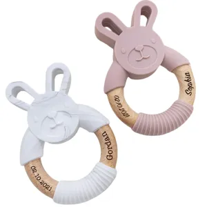 Personalized Engraved Bunny Silicone Teether For Baby, Custom Easter Bunny Wooden Silicone Bunny With Name Sensory Toy Wooden Ring Baby Shower Gifts Easter Gifts Christmas Gifts