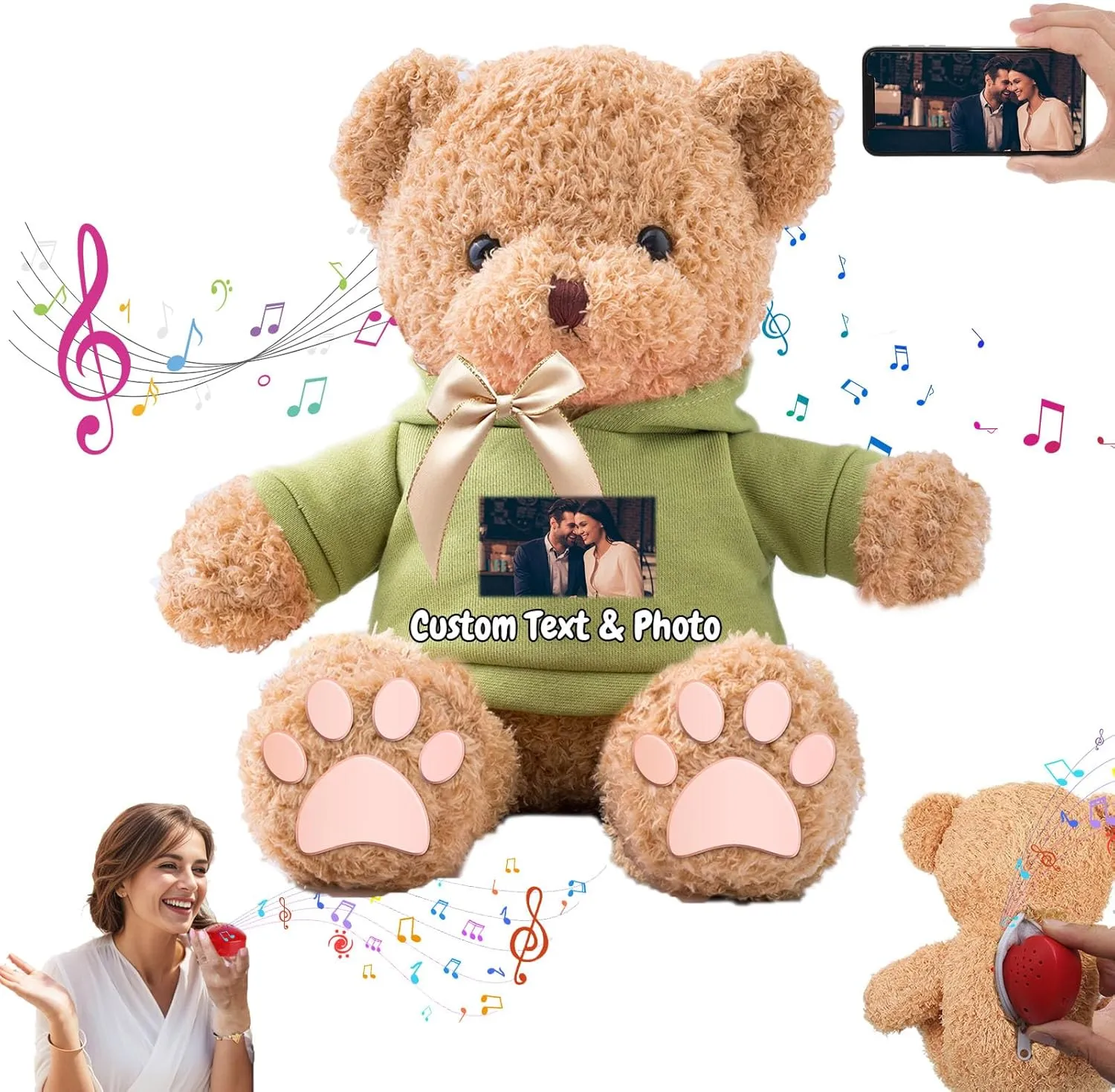 Personalized Gifts for Her Him Teddy Bear with Voice Recording, Personalized Bear with Bow for Kids Adults as Gifts for Christmas Valentines Day Birthday Gifts (12 inch-Text Photo)