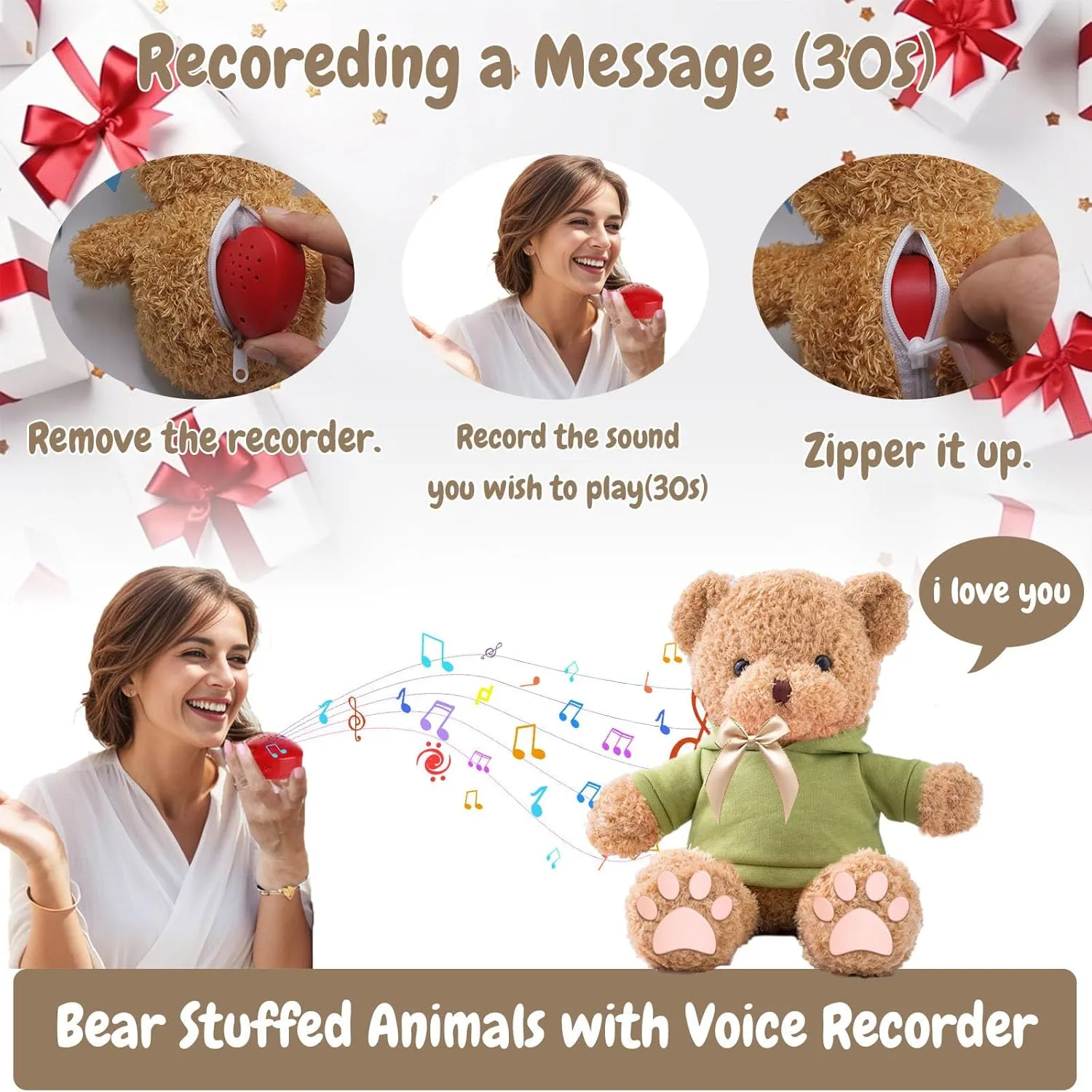 Personalized Gifts for Her Him Teddy Bear with Voice Recording, Personalized Bear with Bow for Kids Adults as Gifts for Christmas Valentines Day Birthday Gifts (12 inch-Text Photo)