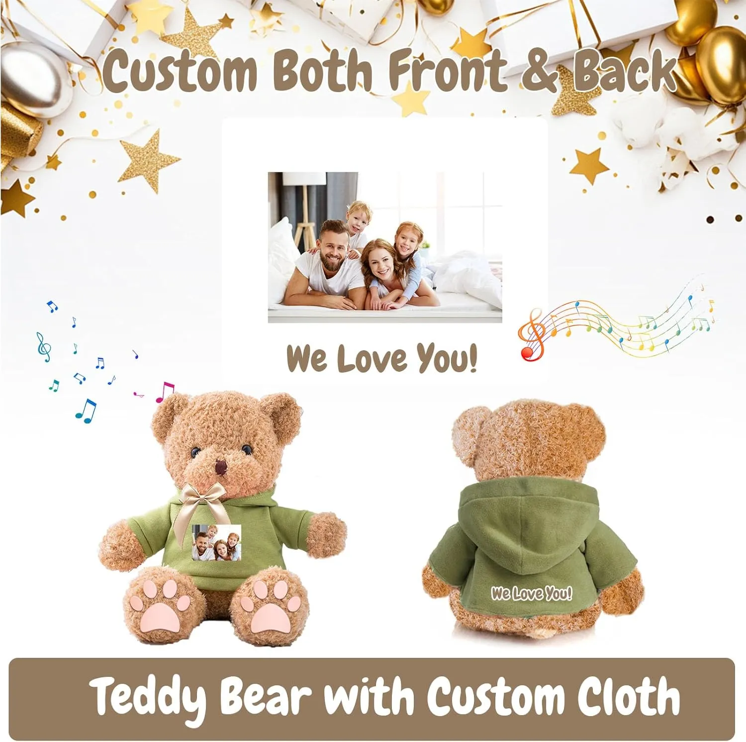 Personalized Gifts for Her Him Teddy Bear with Voice Recording, Personalized Bear with Bow for Kids Adults as Gifts for Christmas Valentines Day Birthday Gifts (12 inch-Text Photo)