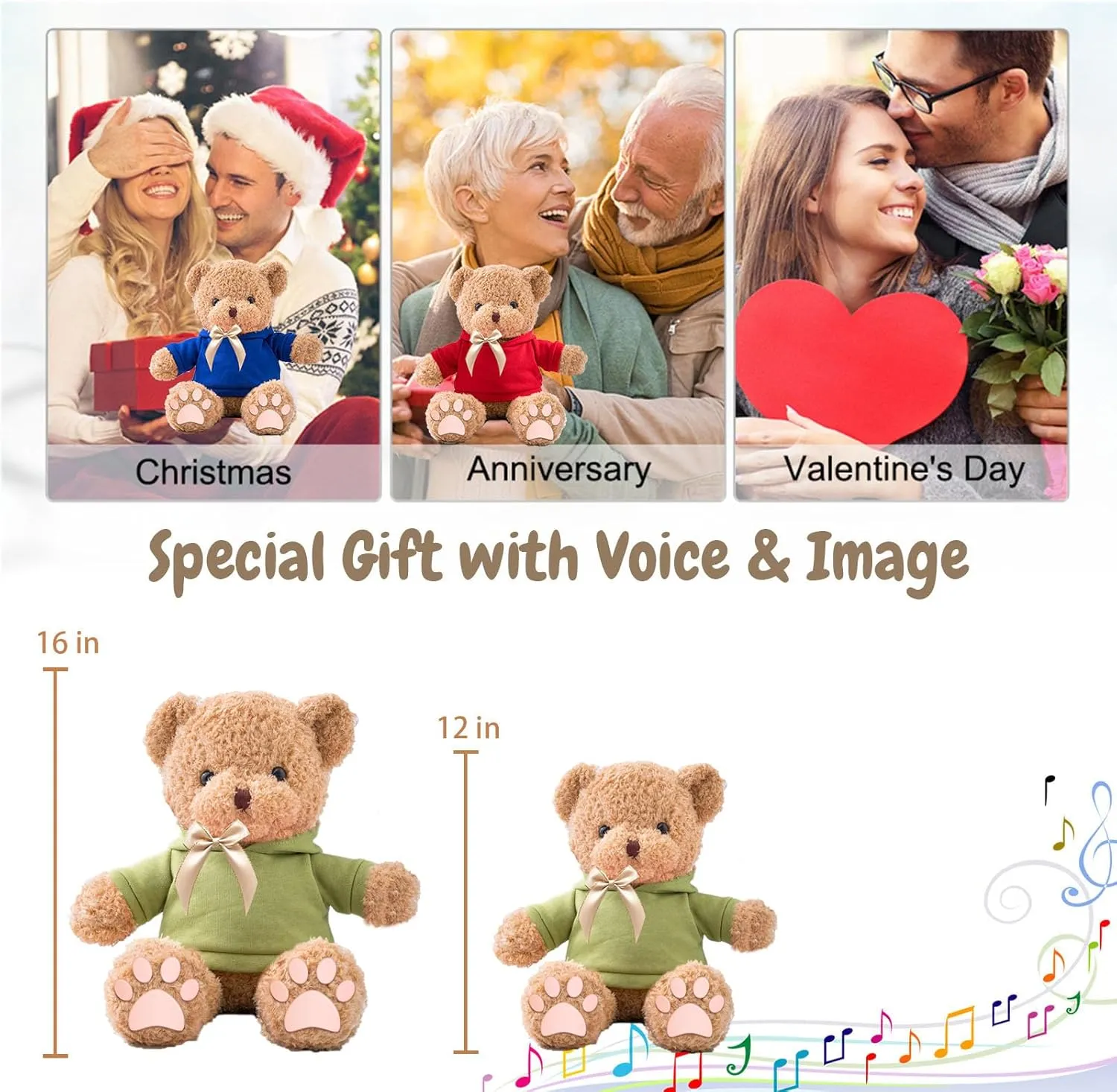 Personalized Gifts for Her Him Teddy Bear with Voice Recording, Personalized Bear with Bow for Kids Adults as Gifts for Christmas Valentines Day Birthday Gifts (12 inch-Text Photo)
