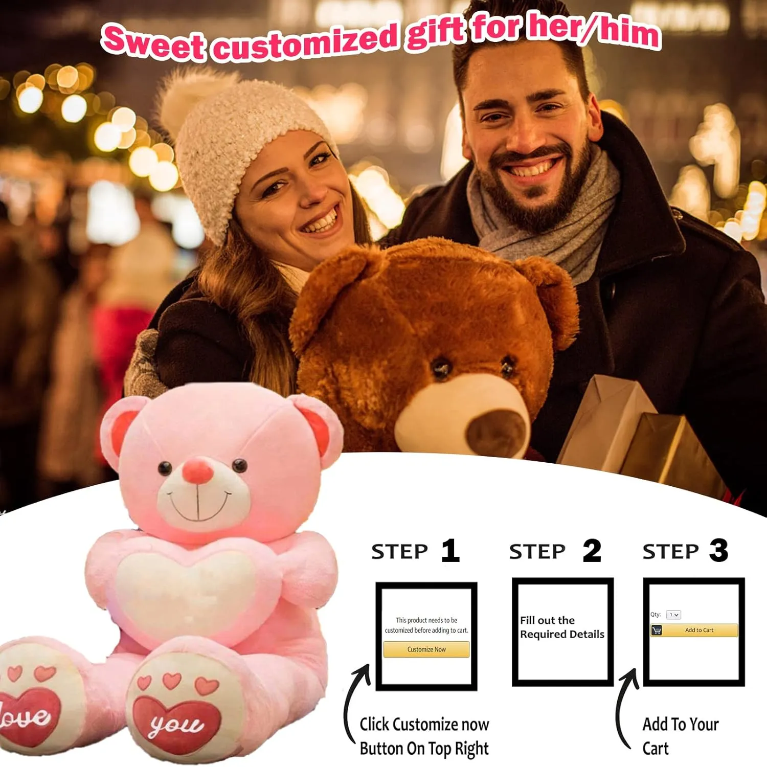 Personalized Gifts Giant Teddy Bear Stuffed Animal with Text   Photo, Big Teddy Bear with Heart for Girlfriend Boyfriend, for Christmas Valentines Day Birthday (39 inch-Text Photo)