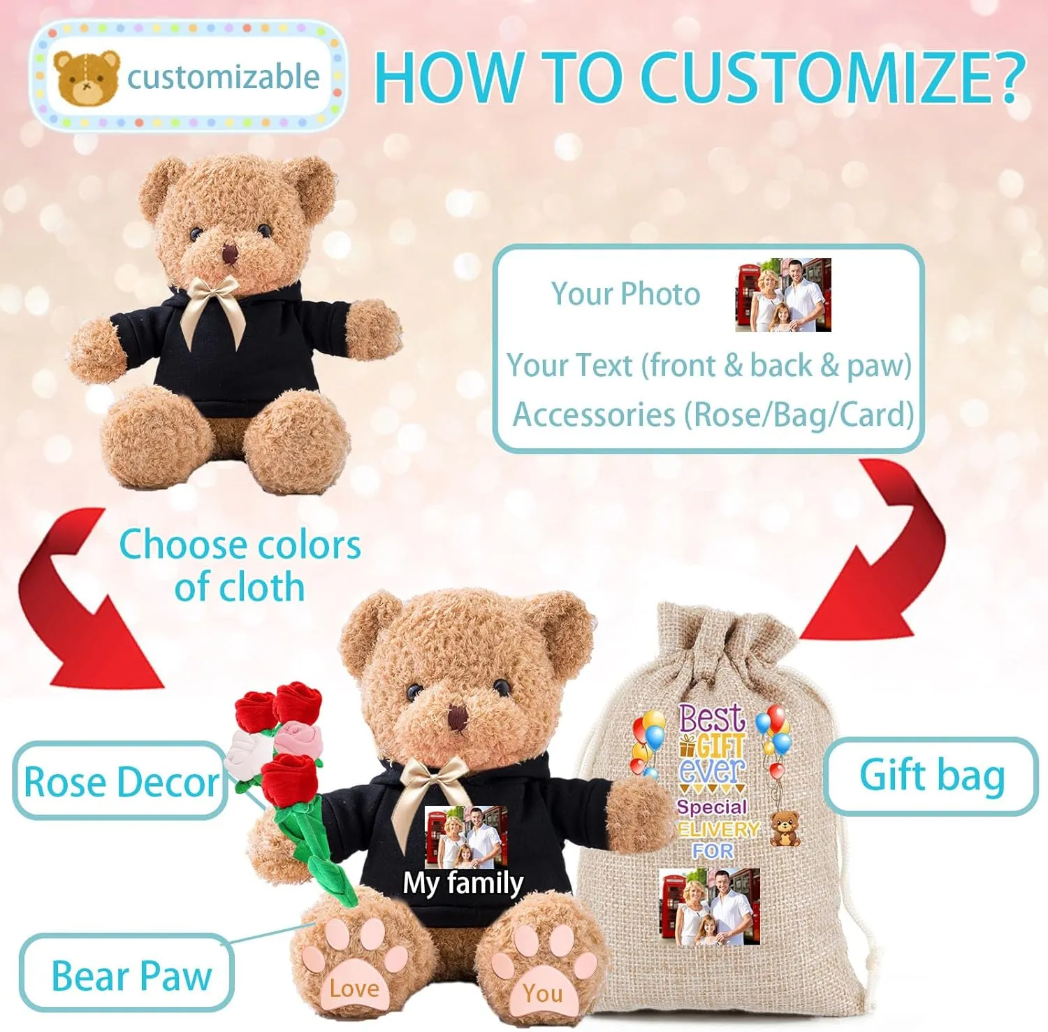 Personalized Gifts Teddy Bear for Him Her Stuffed Bear Plush Toys with Text Photo, Personalized Teddy Bear with Bow as Gifts for Christmas Valentines Day Birthday (12inch-Text Photo)