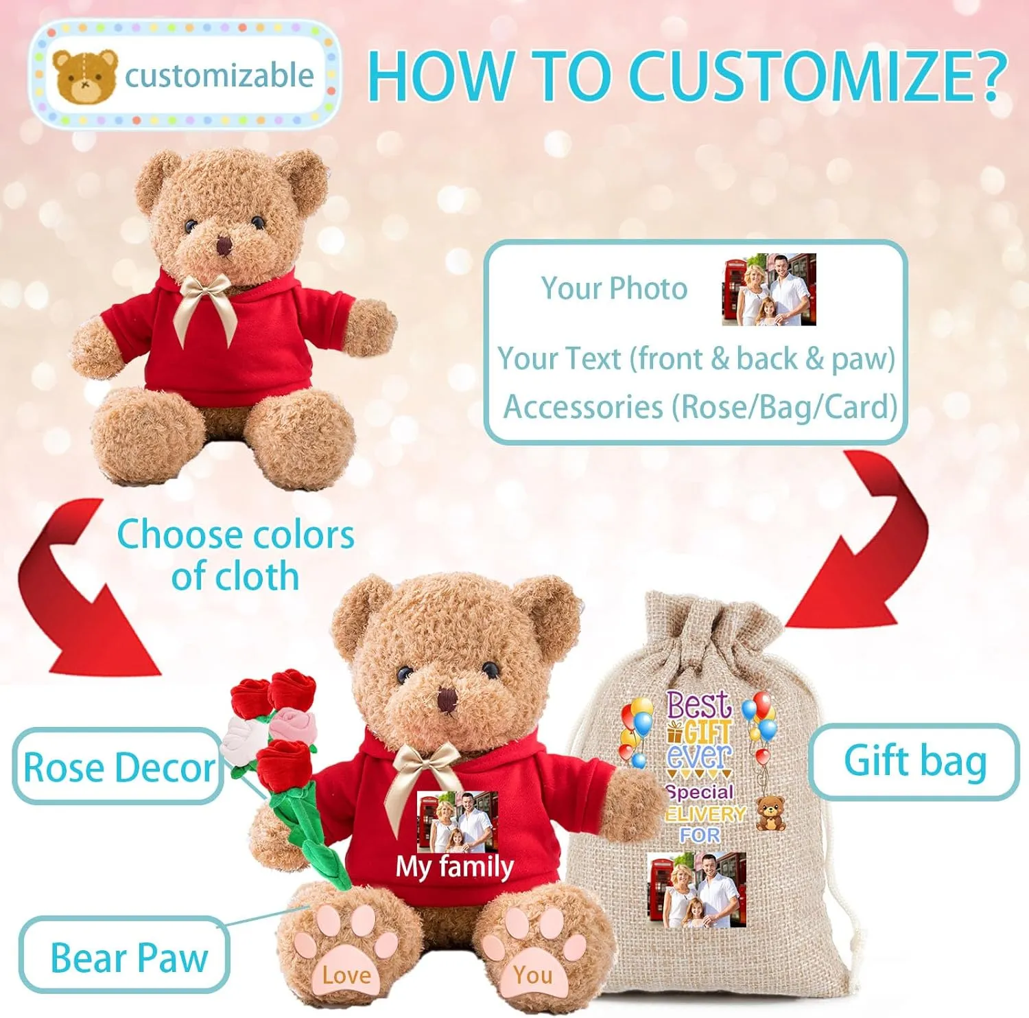 Personalized Gifts Teddy Bear for Him Her Stuffed Bear Plush Toys with Text Photo, Personalized Teddy Bear with Bow as Gifts for Christmas Valentines Day Birthday (12inch-Text Photo)