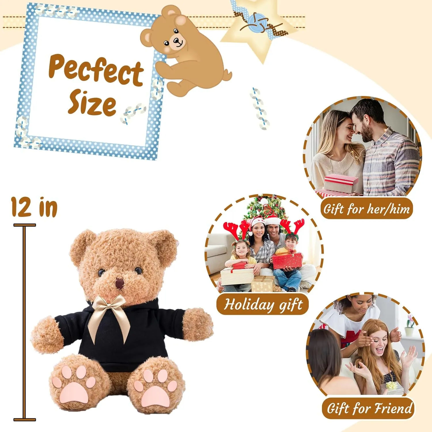 Personalized Gifts Teddy Bear for Him Her Stuffed Bear Plush Toys with Text Photo, Personalized Teddy Bear with Bow as Gifts for Christmas Valentines Day Birthday (12inch-Text Photo)