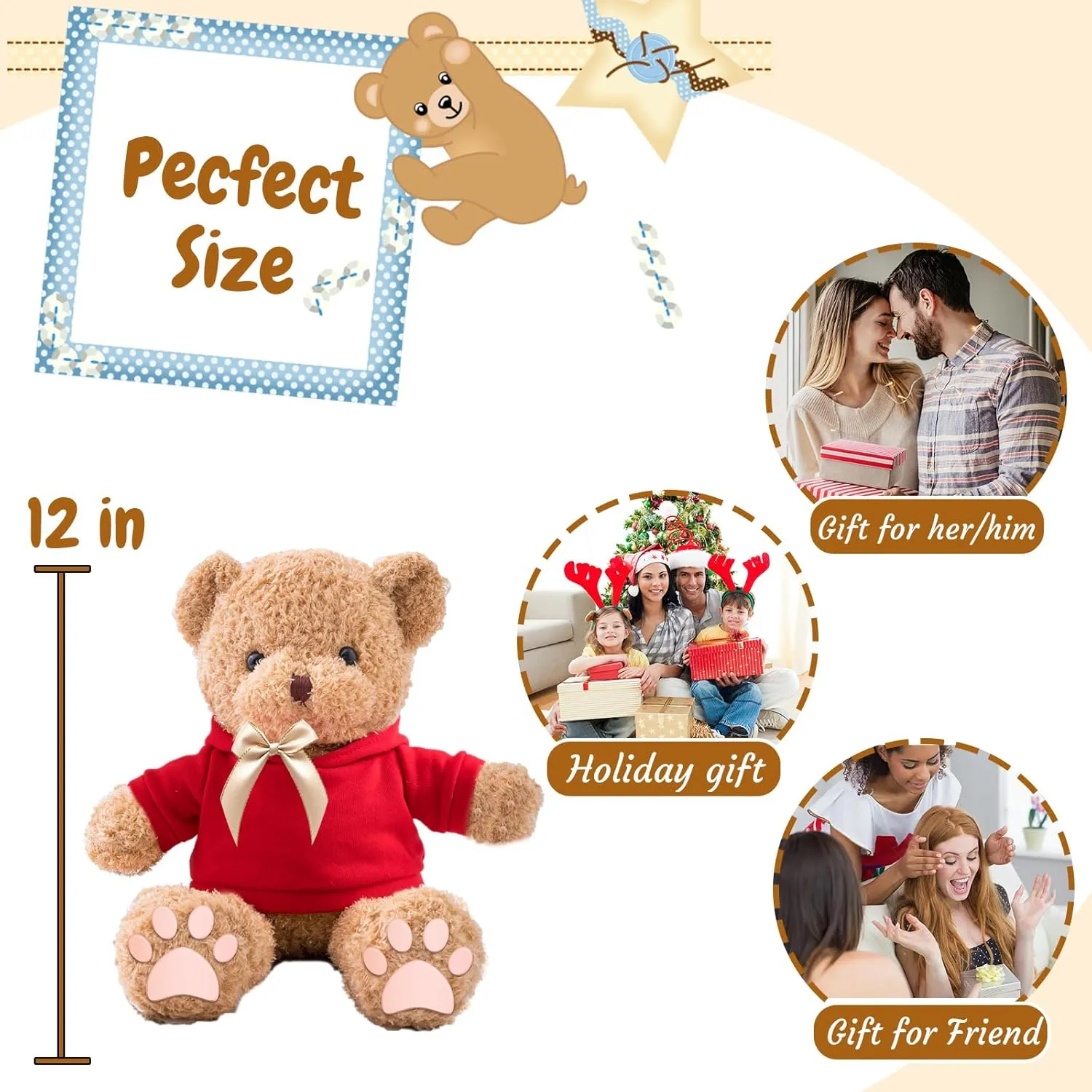 Personalized Gifts Teddy Bear for Him Her Stuffed Bear Plush Toys with Text Photo, Personalized Teddy Bear with Bow as Gifts for Christmas Valentines Day Birthday (12inch-Text Photo)