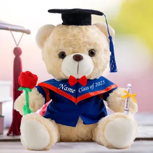 Personalized Gifts Teddy Bear Stuffed with Custom Text, White Graduation Bear Class of 2025 Personalized Teddy Bear with Rose & Bow for Graduation Day 2025 Graduation Gifts for Her/Him (10IN-Text)