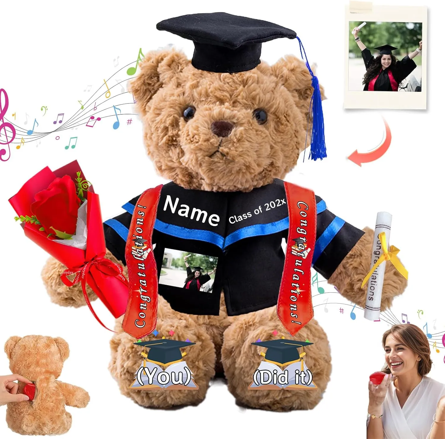 Personalized Graduation Bear with Text Photo, Graduation Teddy Bear Class of 2025 as Graduation Decorations for Him Her 2025 High School Kindergarten Graduation Gifts 2025 (13 inch)
