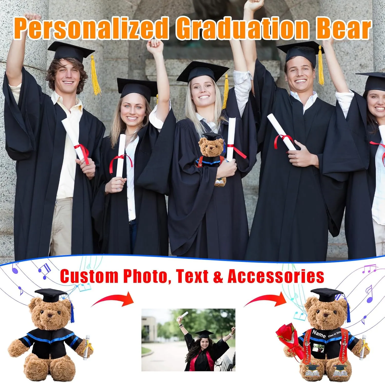 Personalized Graduation Bear with Text Photo, Graduation Teddy Bear Class of 2025 as Graduation Decorations for Him Her 2025 High School Kindergarten Graduation Gifts 2025 (13 inch)