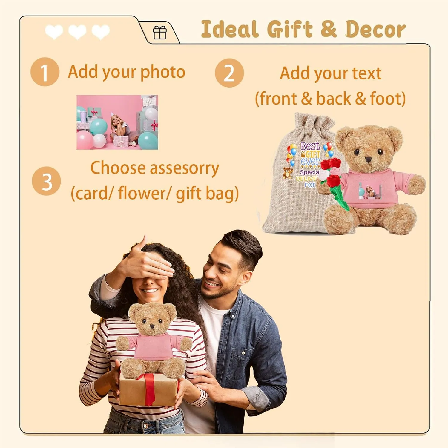 Personalized Teddy Bear for Her Him, Brown Bear Stuffed Plush Toys with Text Photo, Personalized Gifts for Birthday 12 inch