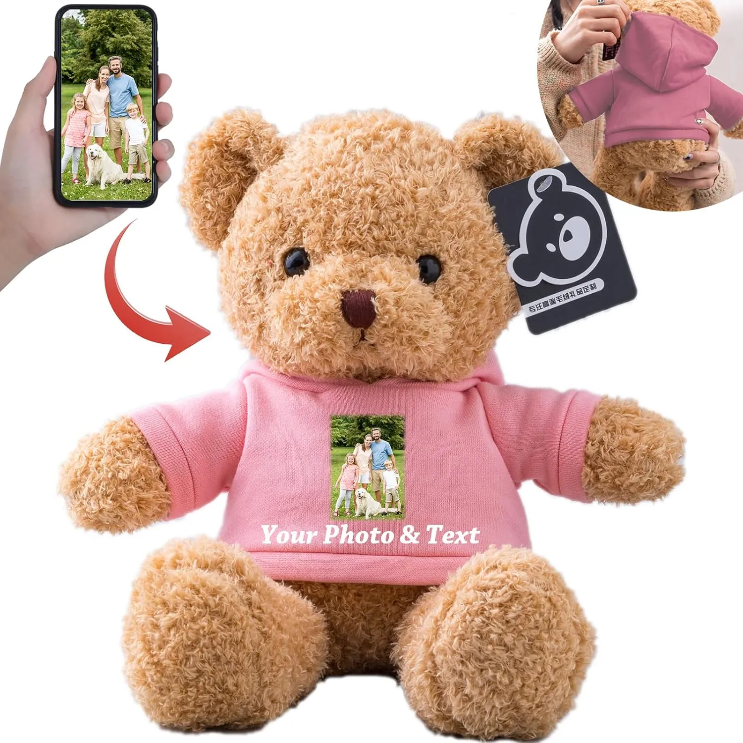 Personalized Teddy Bear Stuffed Animal, Stuffed Bear Plush with Customized Text  Picture as Personalized Gifts for Girlfriend/Boyfriend on Valentines Day/Birthday/Christmas Day (16IN-Pink)