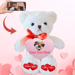 Personalized Teddy Bear with Photo & Text on Heart, Stuffed Animal Valentine Gift for Her (10 in-Text Photo)