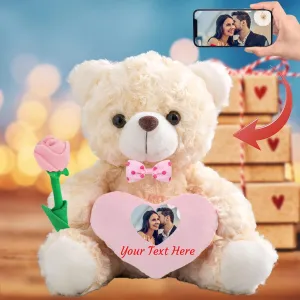 Personalized Teddy Bear with Photo and Custom Text on Heart, Stuffed Animals Valentine Teddy Bear with Rose & Bow as Im Sorry Gifts for Her on Valentine/Anniversary/Birthday (8 in-Pink Heart)