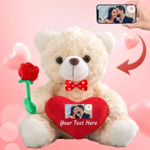 Personalized Teddy Bear with Photo and Custom Text on Heart, Valentine Teddy Bear Stuffed Animals with Bow & Rose as Im Sorry Gifts for Her on Valentine/Anniversary/Birthday (8IN-Red Heart)