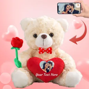 Personalized Teddy Bear with Photo and Custom Text on Heart, Valentine Teddy Bear Stuffed Animals with Bow & Rose as Im Sorry Gifts for Her on Valentine/Anniversary/Birthday (8IN-Red Heart)