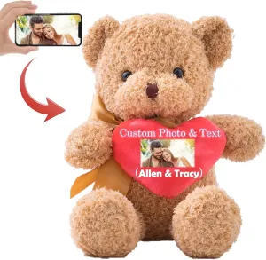 Personalized Teddy Bear with Photo and Custom Text on Red Heart, Teddy Bear Stuffed Animals Holding Red Heart as Im Sorry Gifts for her/Him on Valentine's Day/Anniversary/Birthday(12 in-Red Heart)