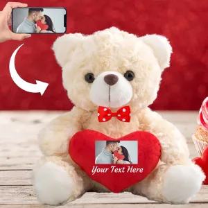 Personalized Teddy Bear with Photo and Customized Text on Heart, Valentine Teddy Bear Stuffed Animals with Exquisite Bow as Im Sorry Gifts for Her on Valentine/Anniversary/Birthday (8-in-Red Heart)