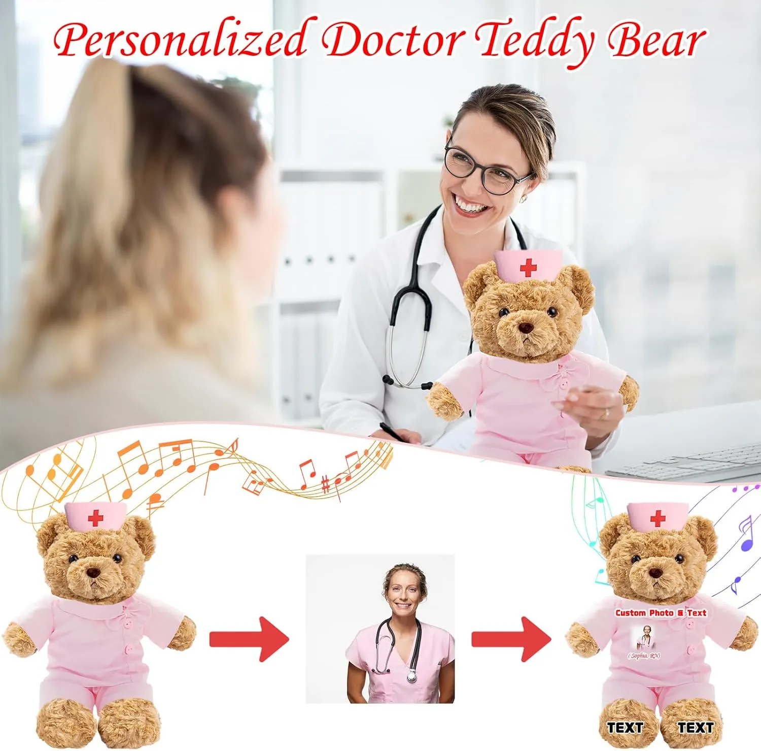 Personalized Teddy Bear with Photo Text, Teddy Bear Stuffed Animal as Nurse Gift Doctor Gift for Women Men, Personalized Gift for Nurse Doctor Medical Student Graduation Gifts (12 inch)