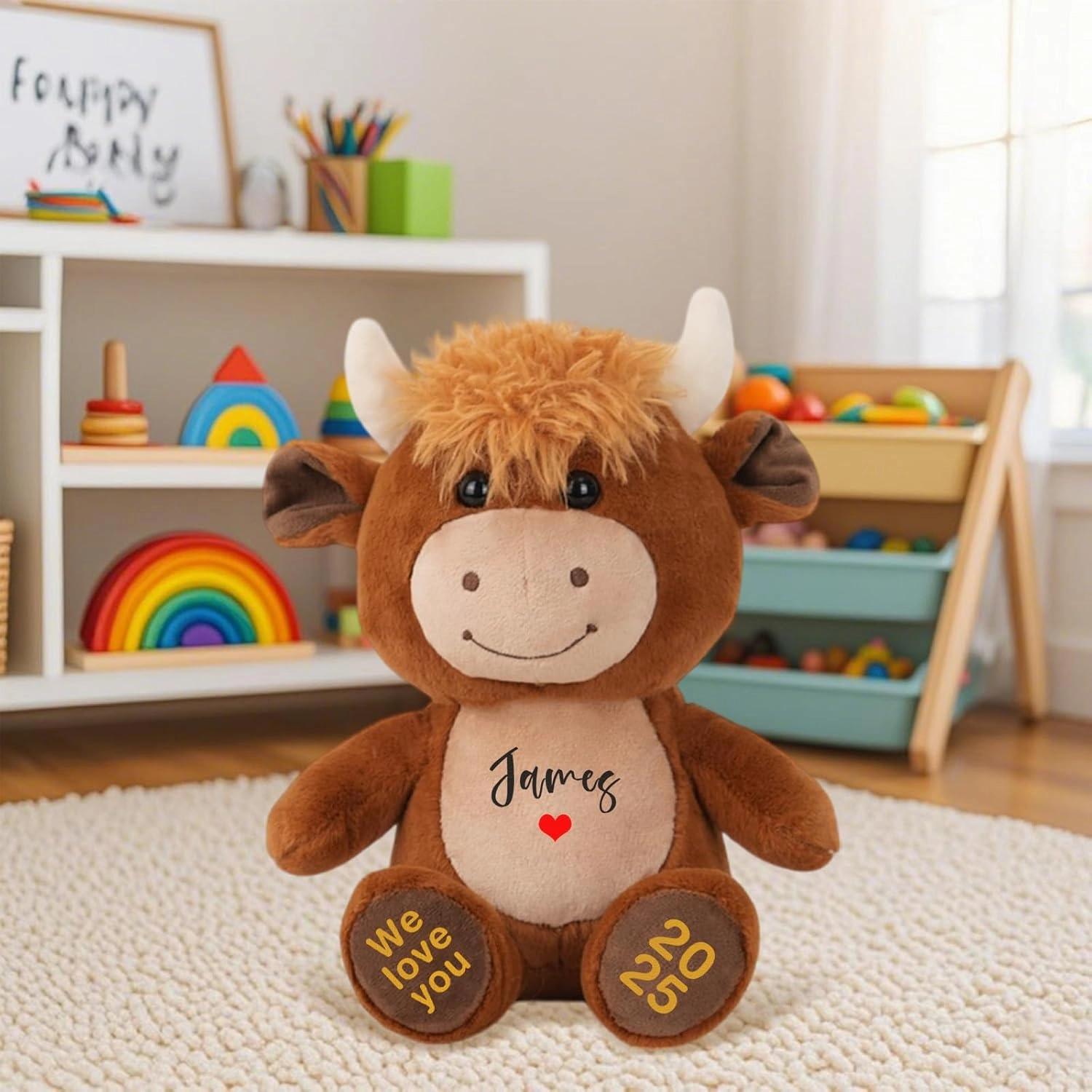 Personalized Highland Cow Stuffed Animal, Custom Cute Fluffy Cow Plush Toy with Name Birth Date Blessings, Gift for Kids Adults Women Men or Baby Shower Birthday (Brown, 11 Inch)