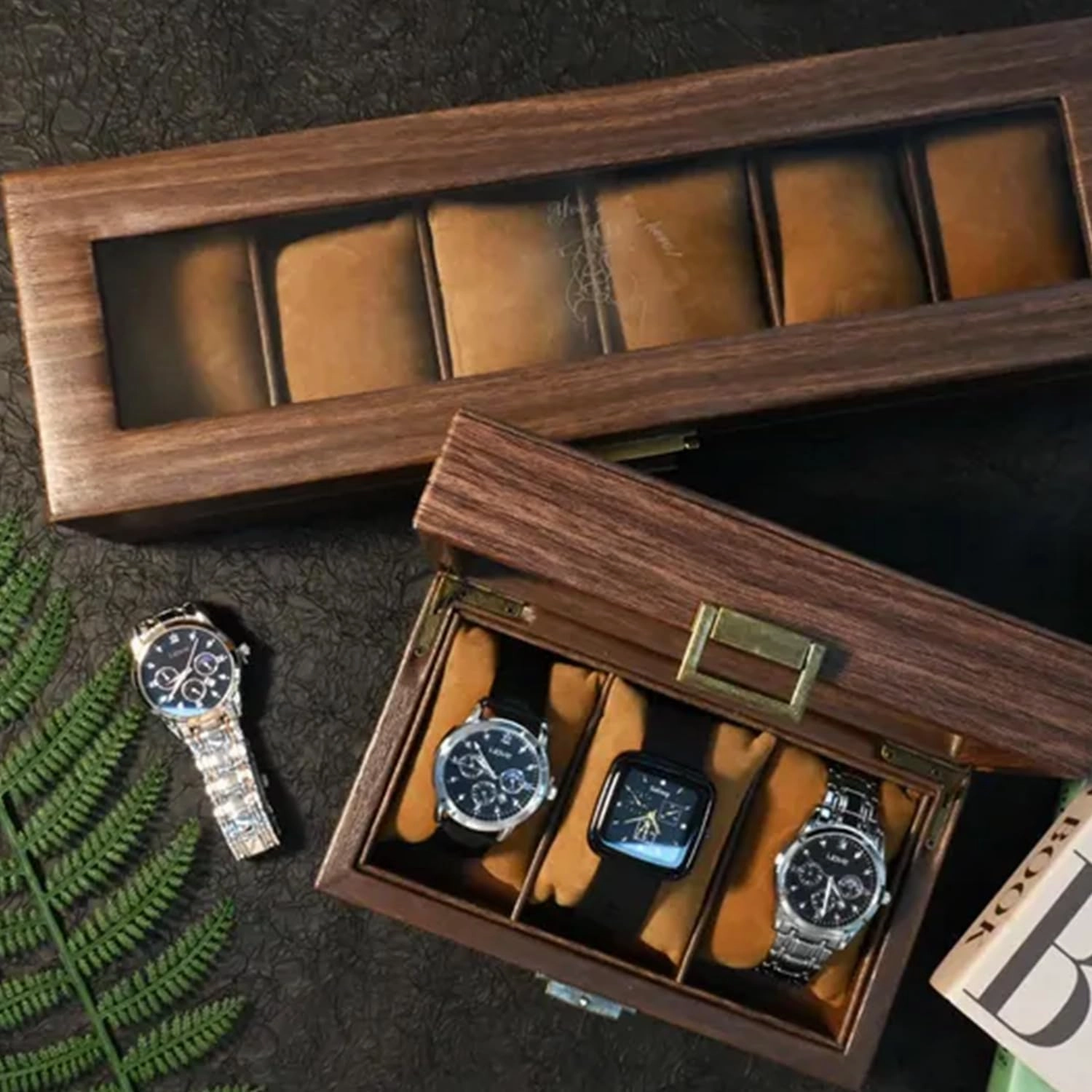 Personalized Men's Watch Box - Custom Wooden Grain Leather Watch Case for 12 Watches, Engraved Name Watch Storage for Fathers Day Wedding Husband & Best Man Gift (Style B)