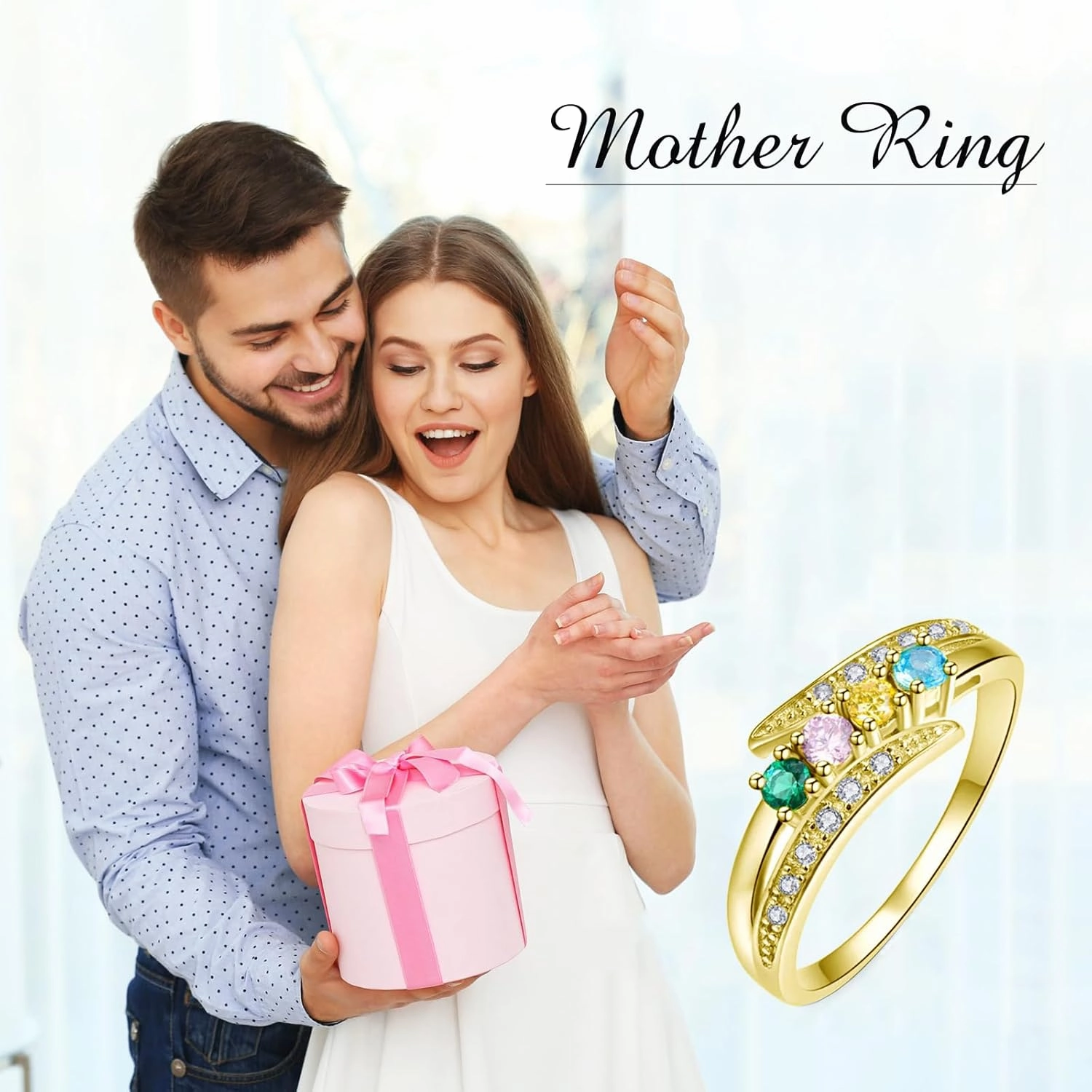 Personalized Mother Ring for Women with 4 Birthstones 10K 14K 18K Solid Gold Moissanite Promise Ring Engraved Name Family Ring for Her Anniversary Size 4 to 12
