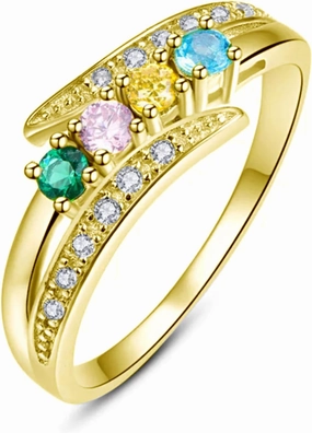 Personalized Mother Ring for Women with 4 Birthstones 10K 14K 18K Solid Gold Moissanite Promise Ring Engraved Name Family Ring for Her Anniversary Size 4 to 12