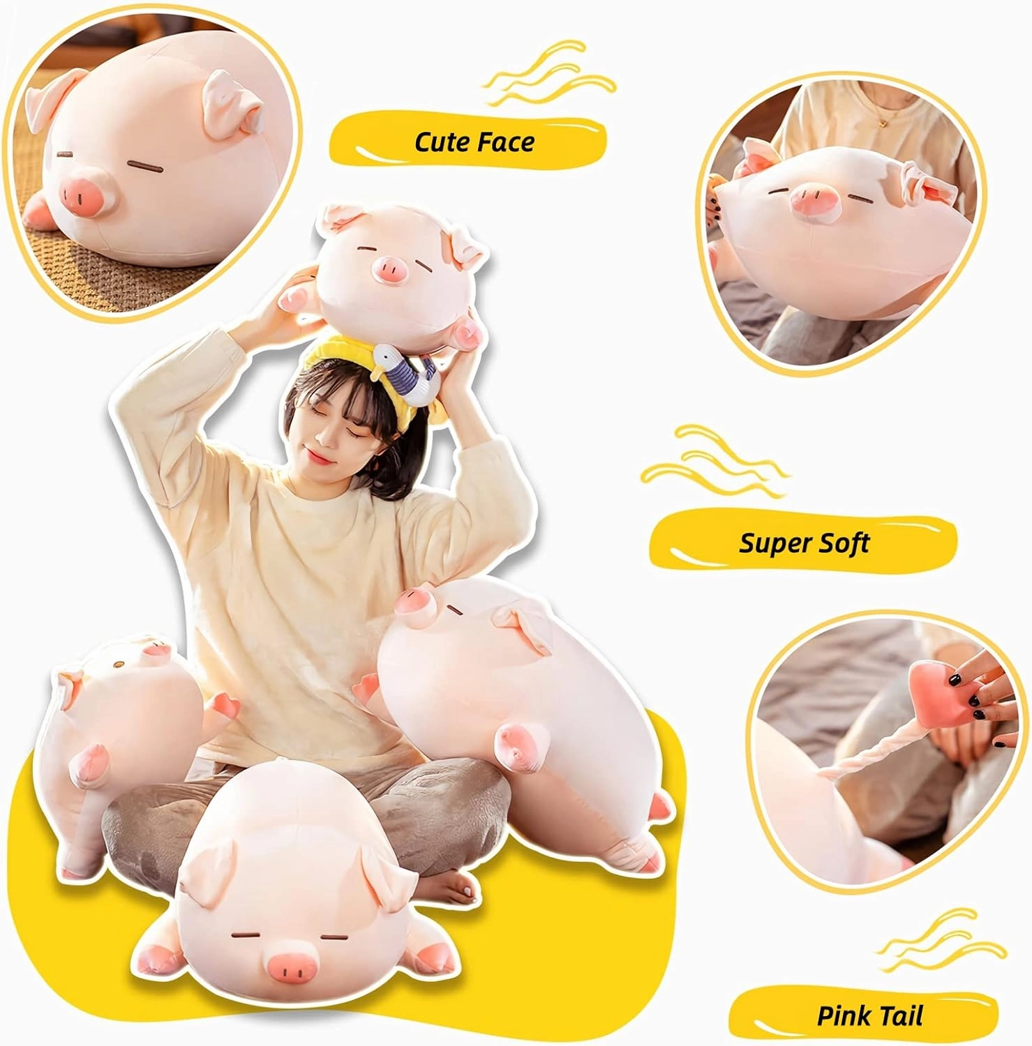 Pig Stuffed Animal Plush Pillow - 15.7'' Cute Kawaii Pink Pig Hugging Pillow, Soft Cuddle Plush Toy, Adorable Birthday Gift for Girls and Girlfriend (Round Eyes, 15.7in)