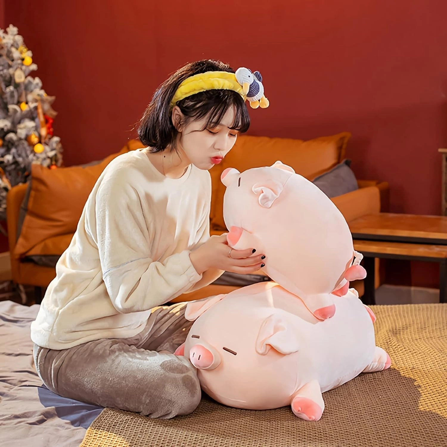 Pig Stuffed Animal Plush Pillow - 15.7'' Cute Kawaii Pink Pig Hugging Pillow, Soft Cuddle Plush Toy, Adorable Birthday Gift for Girls and Girlfriend (Round Eyes, 15.7in)