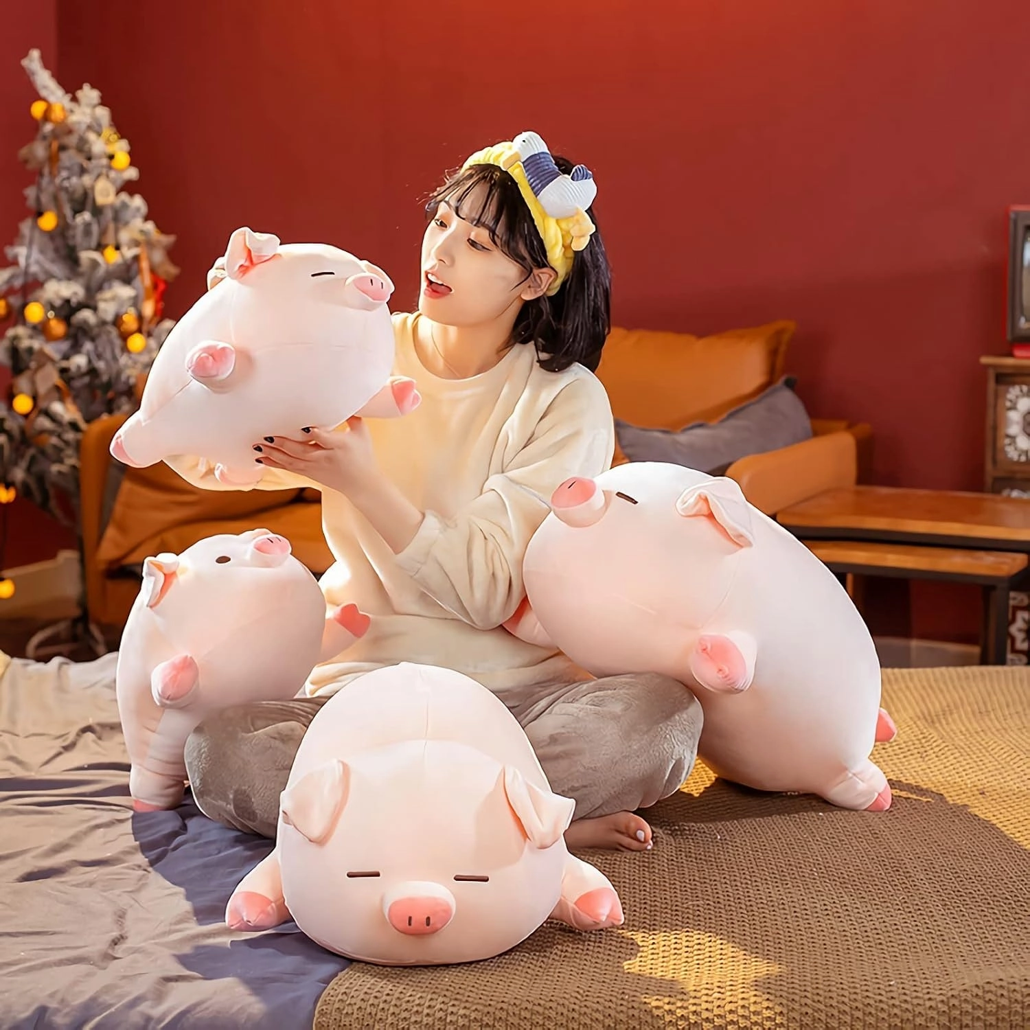 Pig Stuffed Animal Plush Pillow - 15.7'' Cute Kawaii Pink Pig Hugging Pillow, Soft Cuddle Plush Toy, Adorable Birthday Gift for Girls and Girlfriend (Round Eyes, 15.7in)
