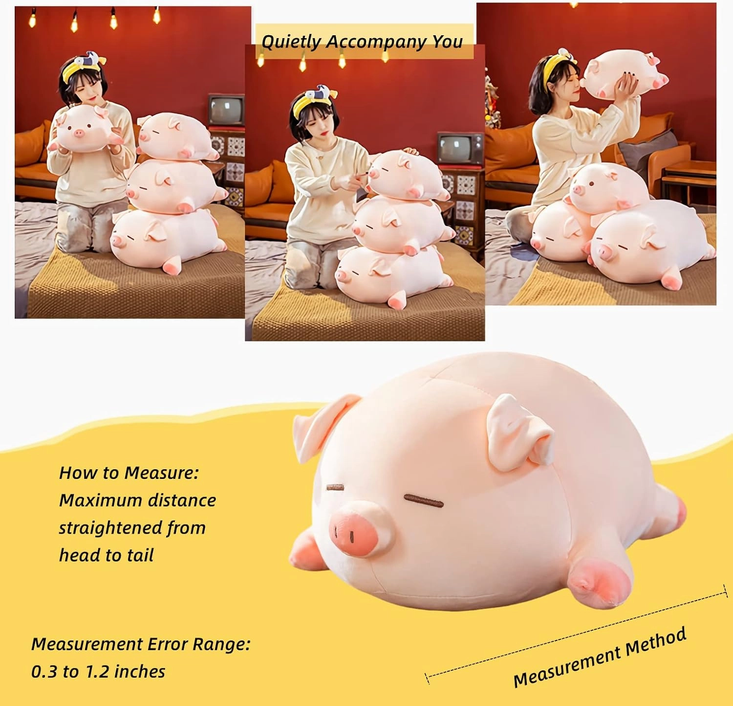 Pig Stuffed Animal Plush Pillow - 15.7'' Cute Kawaii Pink Pig Hugging Pillow, Soft Cuddle Plush Toy, Adorable Birthday Gift for Girls and Girlfriend (Round Eyes, 15.7in)