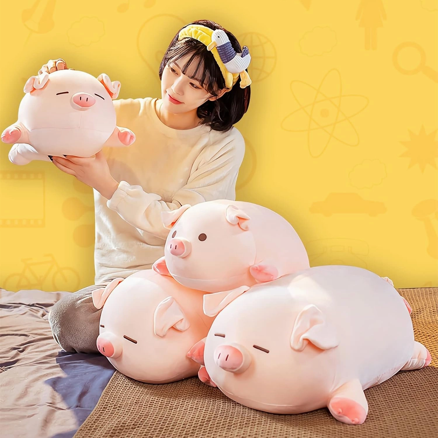Pig Stuffed Animal Plush Pillow - 15.7'' Cute Kawaii Pink Pig Hugging Pillow, Soft Cuddle Plush Toy, Adorable Birthday Gift for Girls and Girlfriend (Round Eyes, 15.7in)