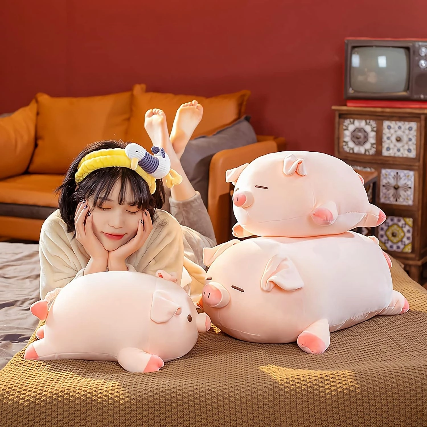Pig Stuffed Animal Plush Pillow - 15.7'' Cute Kawaii Pink Pig Hugging Pillow, Soft Cuddle Plush Toy, Adorable Birthday Gift for Girls and Girlfriend (Round Eyes, 15.7in)