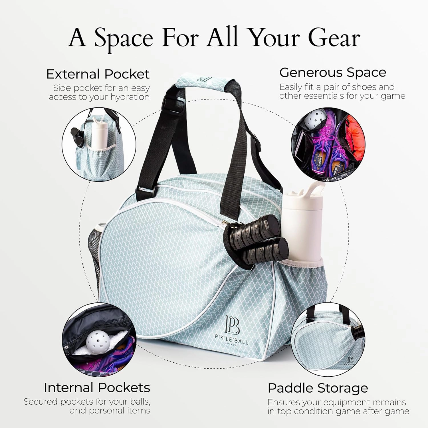 Pik’le’Ball Sport Premium Women's Pickleball Bag – Stylish and Versatile Sports Bag with Water Bottle Holder, Padded Paddle Pocket, and Spacious Design (fits 2  Paddles!)