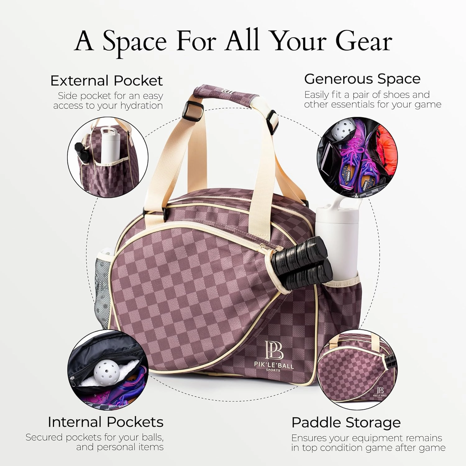 Pik’le’Ball Sport Premium Women's Pickleball Bag – Stylish and Versatile Sports Bag with Water Bottle Holder, Padded Paddle Pocket, and Spacious Design (fits 2  Paddles!)