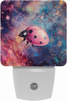 Pink Ladybugs on The Galaxy Plug in LED Night Light Auto Sensor Dusk to Dawn Decorative Night for Bedroom, Bathroom, Kitchen, Hallway, Stairs, Hallway, Baby's Room, Energy Saving