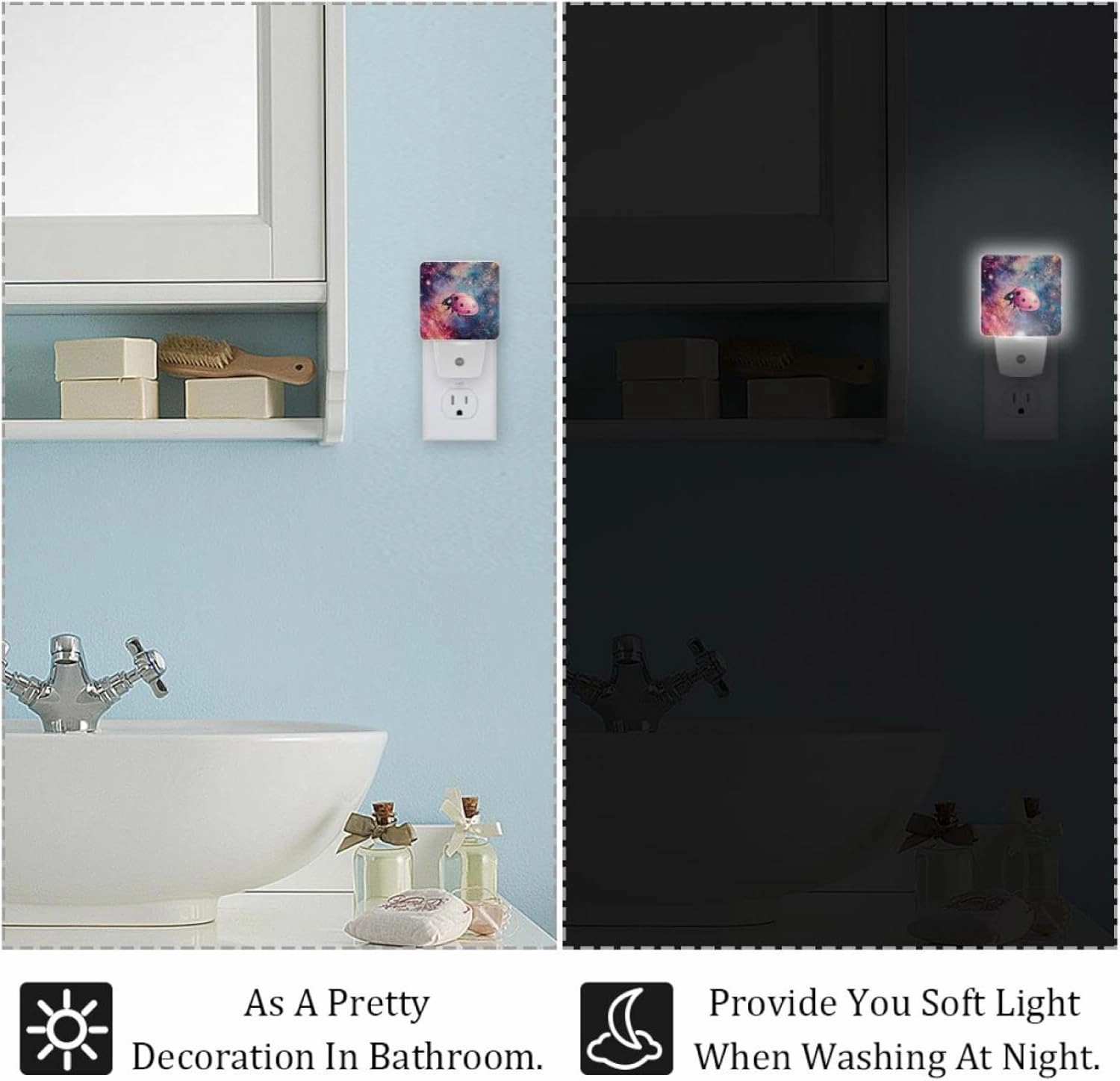 Pink Ladybugs on The Galaxy Plug in LED Night Light Auto Sensor Dusk to Dawn Decorative Night for Bedroom, Bathroom, Kitchen, Hallway, Stairs, Hallway, Baby's Room, Energy Saving