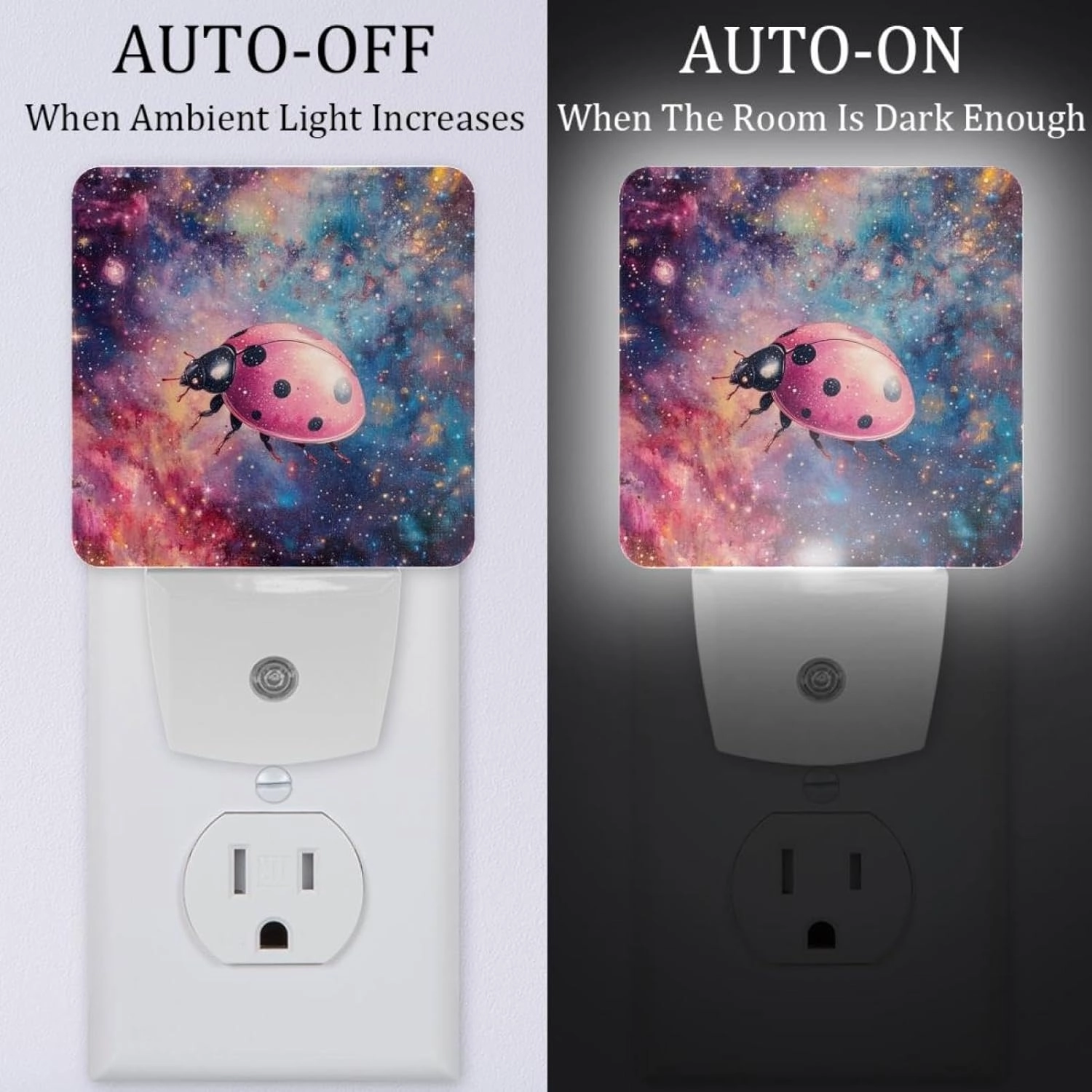 Pink Ladybugs on The Galaxy Plug in LED Night Light Auto Sensor Dusk to Dawn Decorative Night for Bedroom, Bathroom, Kitchen, Hallway, Stairs, Hallway, Baby's Room, Energy Saving