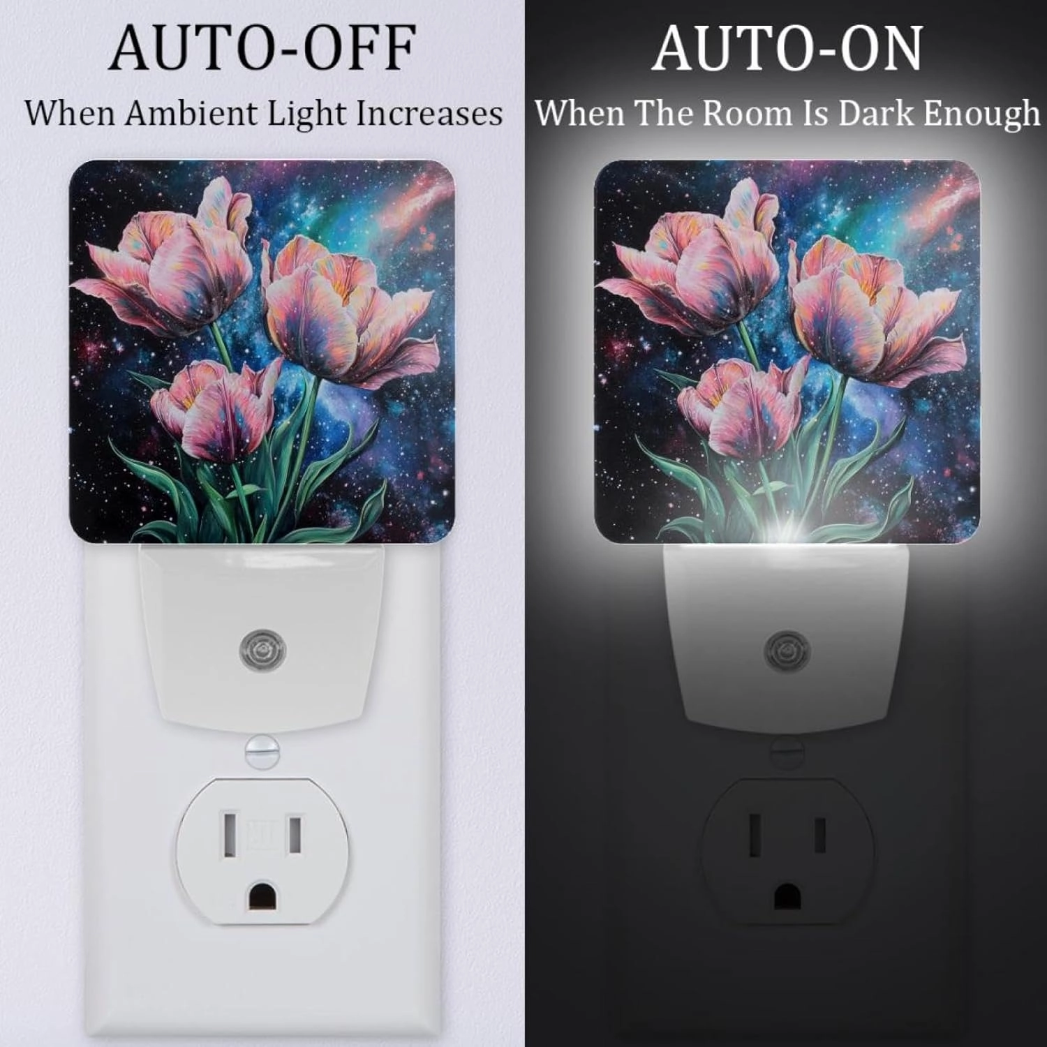 Pink Tulip Flowers Galaxy Plug in LED Night Light Auto Sensor Dusk to Dawn Decorative Night for Bedroom, Bathroom, Kitchen, Hallway, Stairs, Hallway, Baby's Room, Energy Saving