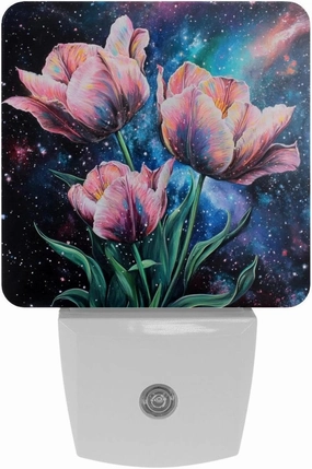 Pink Tulip Flowers Galaxy Plug in LED Night Light Auto Sensor Dusk to Dawn Decorative Night for Bedroom, Bathroom, Kitchen, Hallway, Stairs, Hallway, Baby's Room, Energy Saving