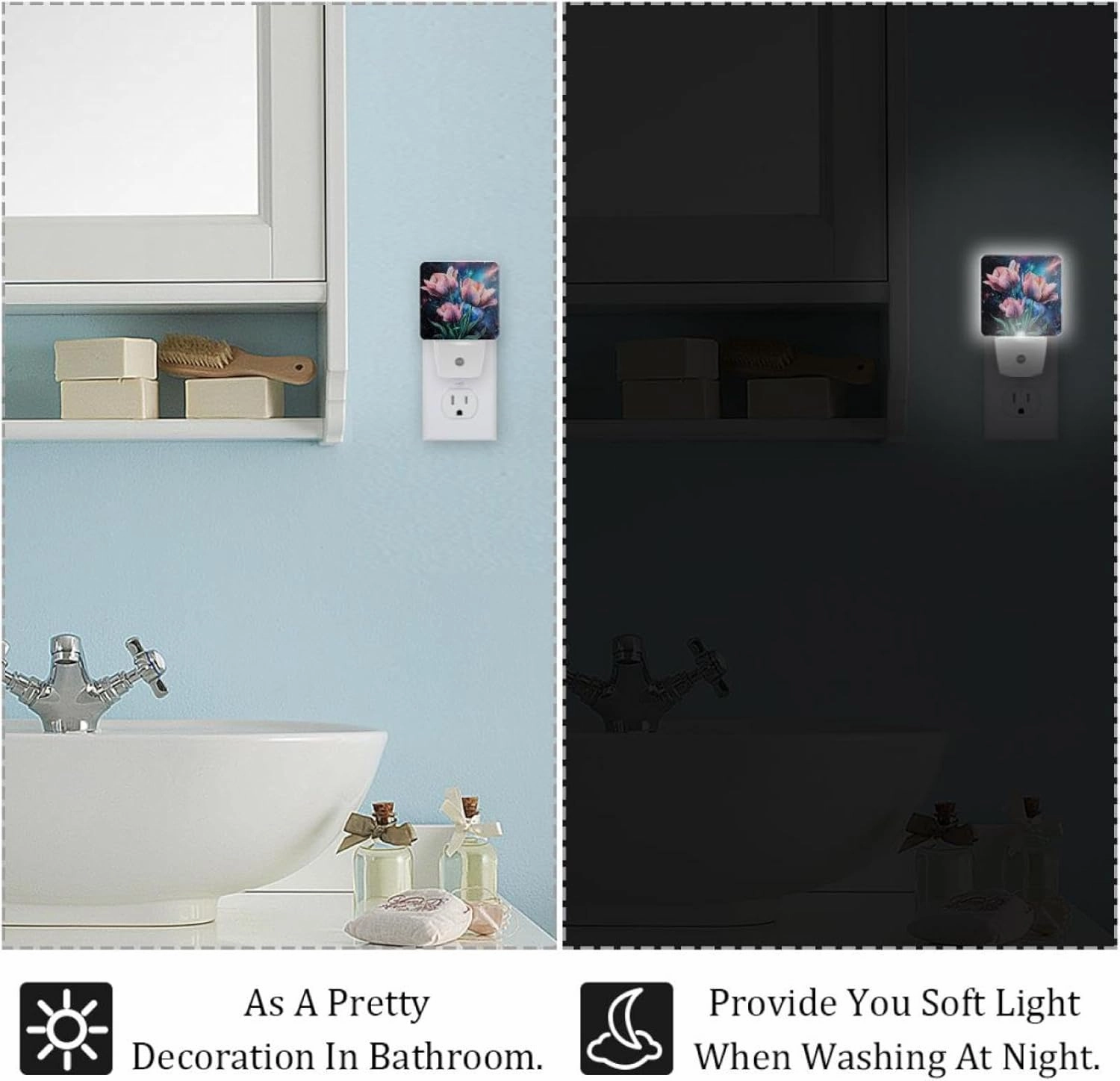 Pink Tulip Flowers Galaxy Plug in LED Night Light Auto Sensor Dusk to Dawn Decorative Night for Bedroom, Bathroom, Kitchen, Hallway, Stairs, Hallway, Baby's Room, Energy Saving