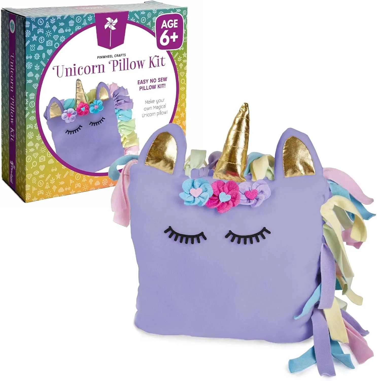Pinwheel Crafts Unicorn Pillow Kit - DIY Arts and Crafts for Kids Ages 6 7 8-12  Years, No Sewing Kit for Kids, Unicorn Purple Pillow Craft Kits for Birthday, Christmas Gifts for Girls
