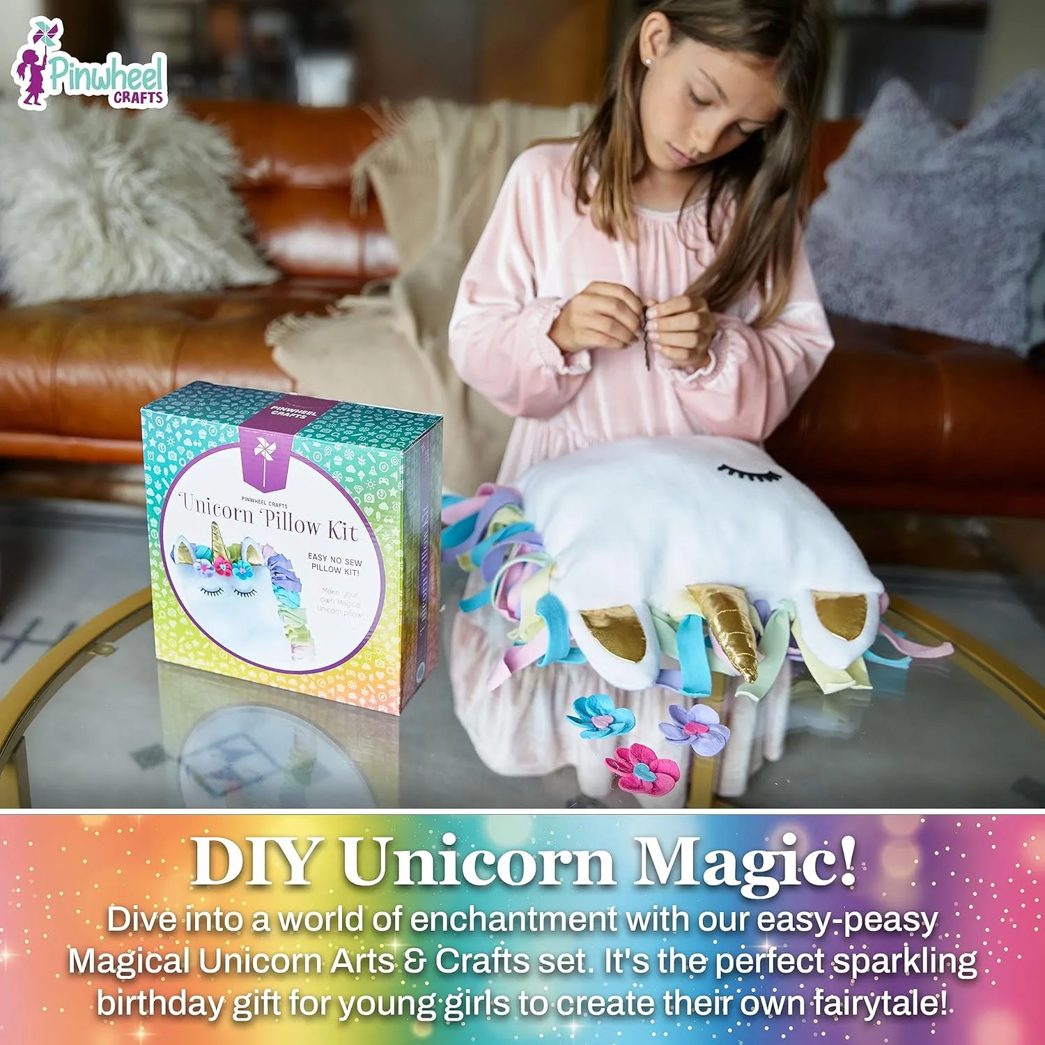 Pinwheel Crafts Unicorn Pillow Kit - DIY Arts and Crafts for Kids Ages 6 7 8-12  Years, No Sewing Kit for Kids, Unicorn Purple Pillow Craft Kits for Birthday, Christmas Gifts for Girls