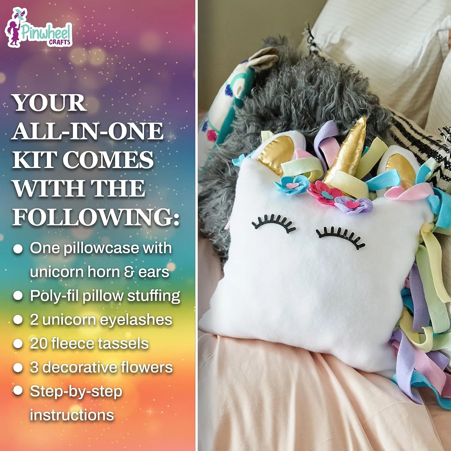 Pinwheel Crafts Unicorn Pillow Kit - DIY Arts and Crafts for Kids Ages 6 7 8-12  Years, No Sewing Kit for Kids, Unicorn Purple Pillow Craft Kits for Birthday, Christmas Gifts for Girls