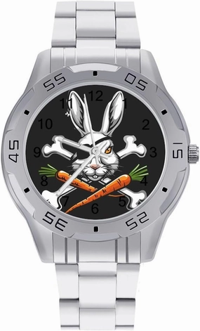 Pirate Bunny Rabbit Bone Carrot Easter Simple Stainless Steel Band Business Watch Dress Wrist Unique Luxury Work Casual Waterproof Watches