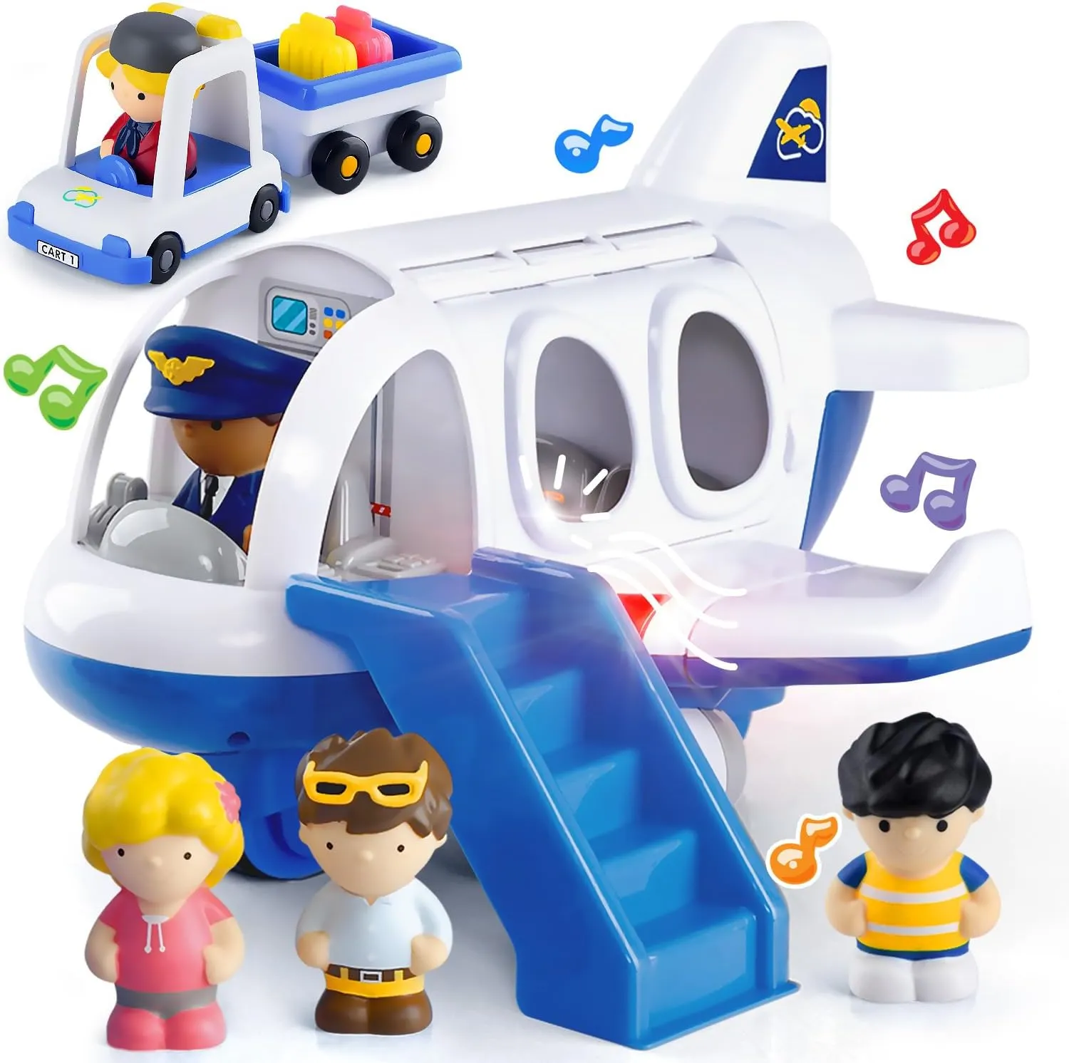 PLAY Airplane Toy for Kids - Toddler Airplane Toys Travel Plane Toys for Kids 2  Years Old with Small Figures & Baggage Carrier, Musical Toy Airplane with Lights for Boys Girls Gifts Birthday (Blue)