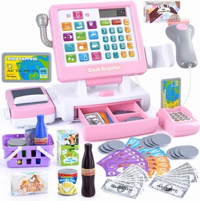 PLAY Kids Cash Register Toy - Pretend Play Calculator Register Toys with Microphone/Conveyors/Play Money/Scanner/Credit Card/Cans/Drink, 3  Toddler Develops Early Math Skills Learning Toys