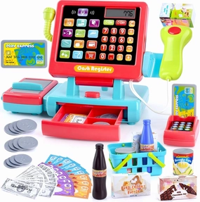 PLAY Kids Cash Register Toy Supermarket with Register Pretend Play Calculator Register Toys with Scanner/Microphone/Credit Card/Conveyors/Cans/Drink/Play Money, Cash Register for Kids Ages 3 